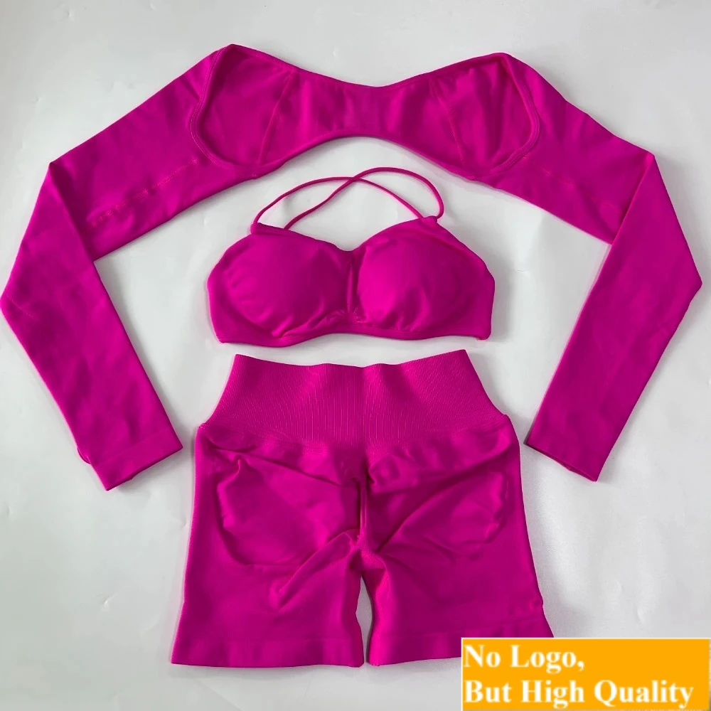 no LOGO 3Pieces Gym Set Seamless Yoga Set Women Gym Top Cross Waist Shorts…