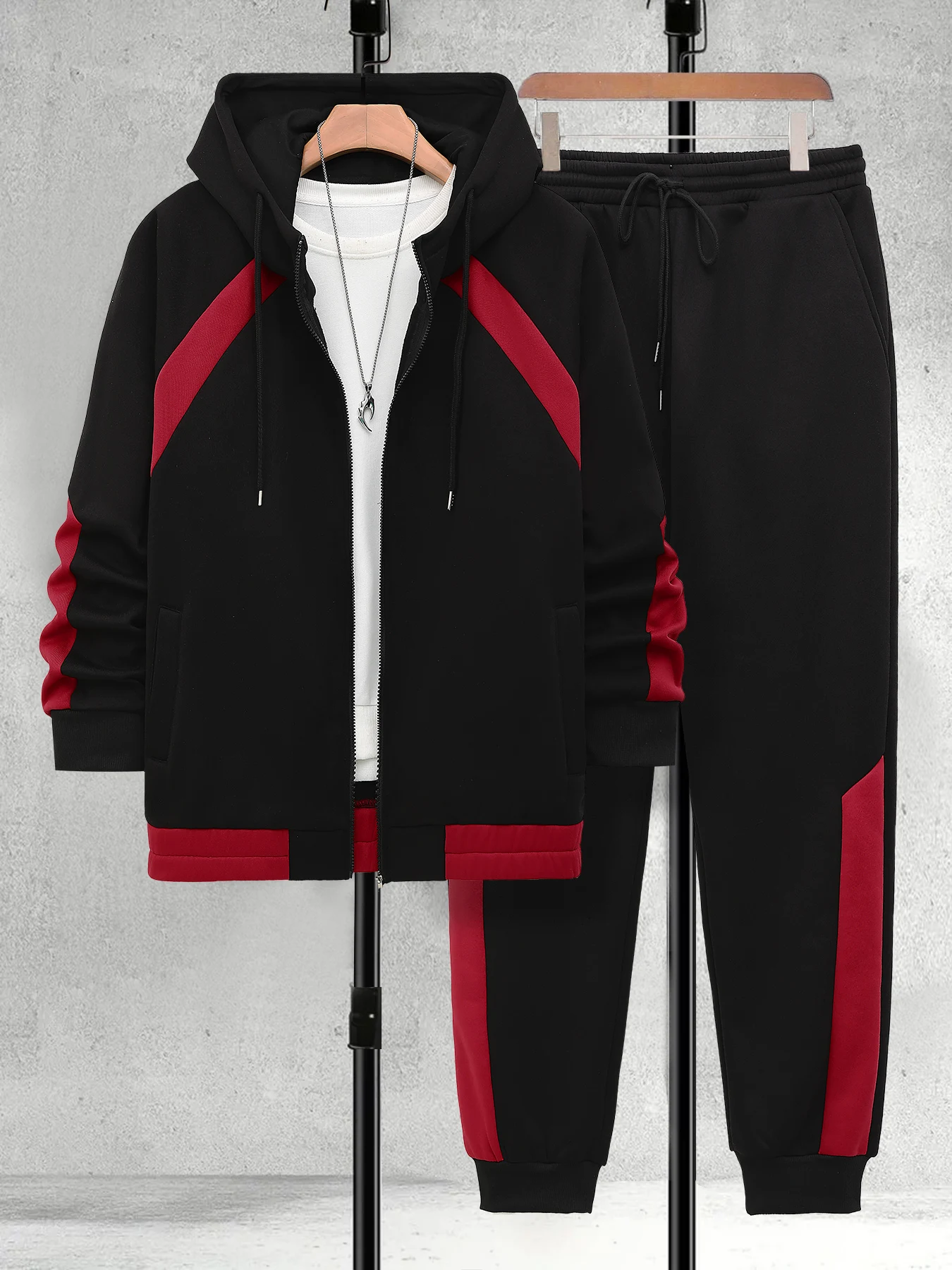 Men's Plus Size Black & Red Color Block Tracksuit Set 2 Piece Zip Up Hoodie &…