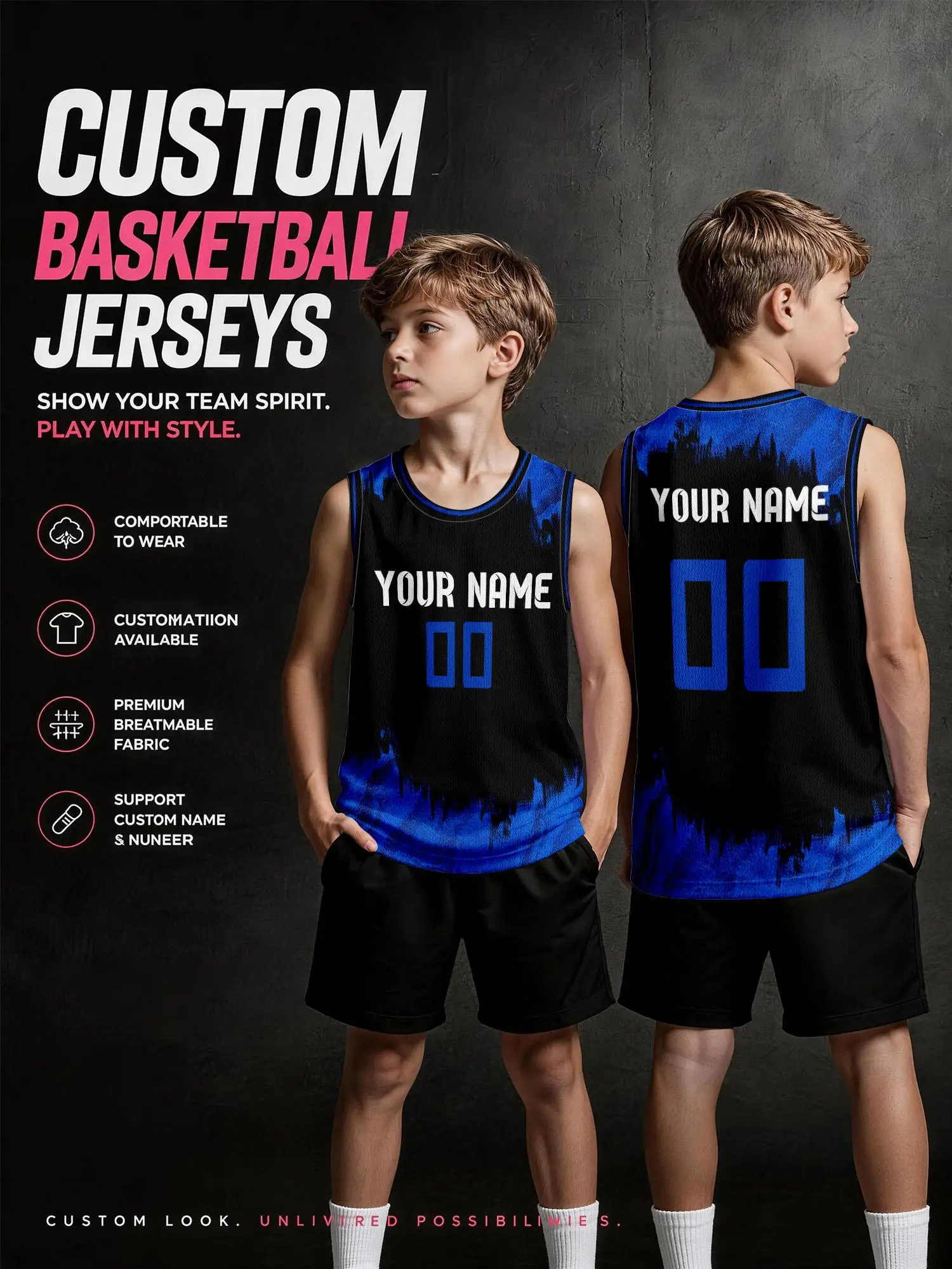 Black‑Blue Gradient Custom Basketball Jersey Set, DIY Printed Name & Number…