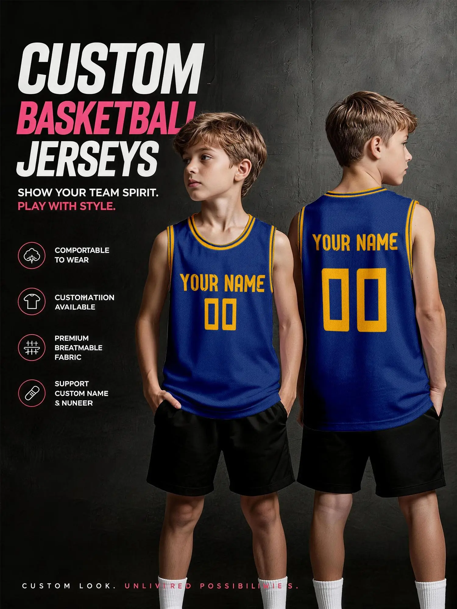 Royal‑Blue with Yellow Trim Custom Basketball Jersey, DIY Name & Number…