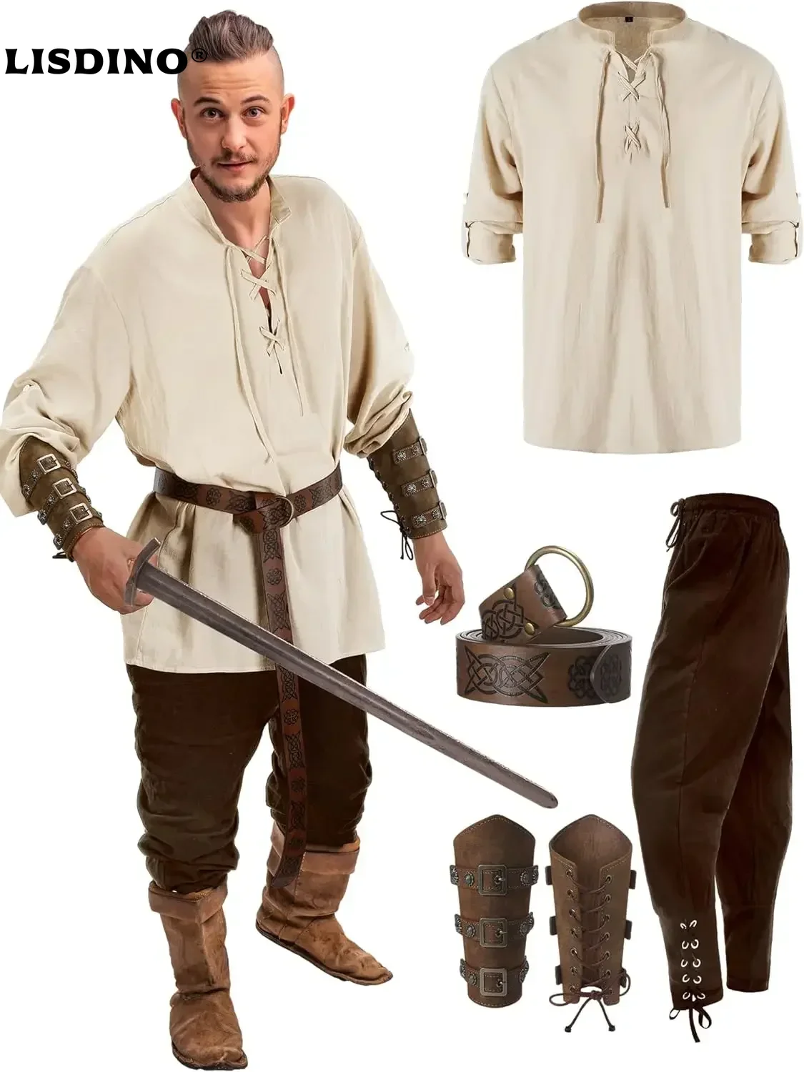 4 Pcs Halloween Men's Renaissance Costume Set Medieval Pirate Shirt Ankle…