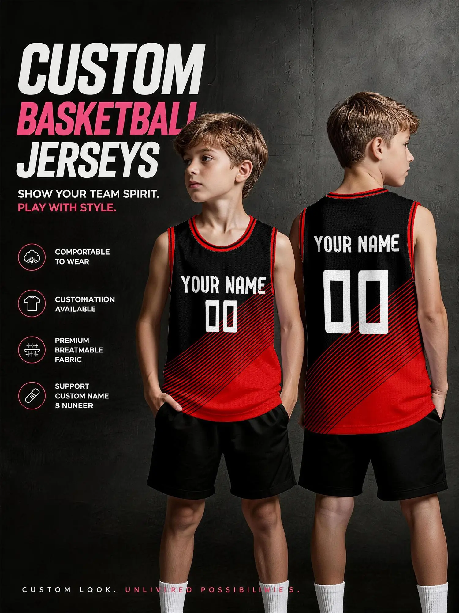 Custom Black‑Red Diagonal Stripe Basketball Jersey, Adult & Kids Team…