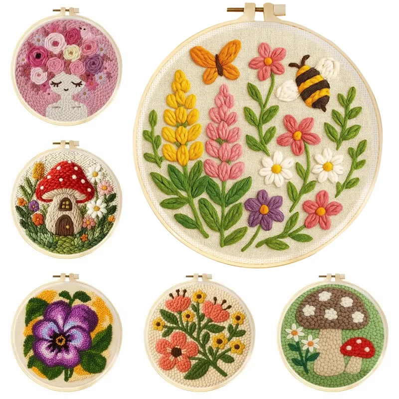 DIY Punch Needle Kits Mushroom Flowers Easy Punch Needle Embroidery Set for…
