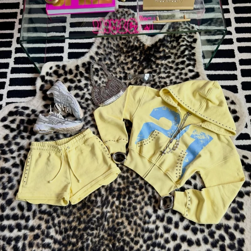 2 Pcs Hoodie Co-ords Yellow Mellow Athletic Set Rivet 21 Print Graphic…