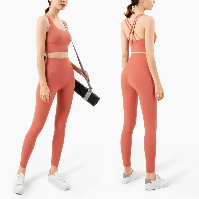 Women's Solid Color 2 Piece Yoga Suits High Intensity Cross Back Yoga Bra…