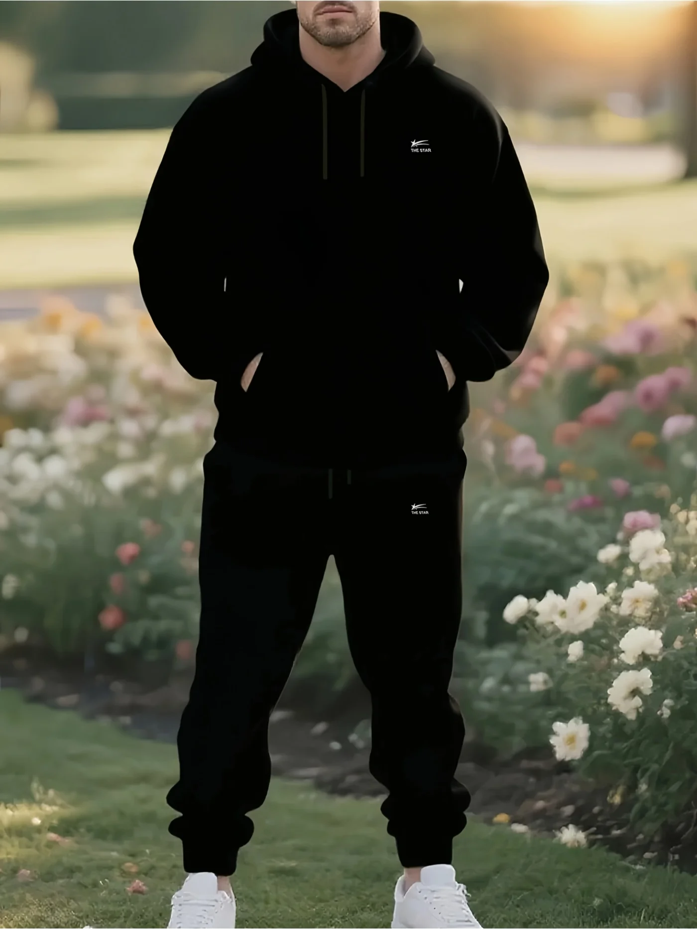 2026 Men 2‑Pieces Tracksuit Black Hoodie Drawstring Jogger Pants with Pockets…