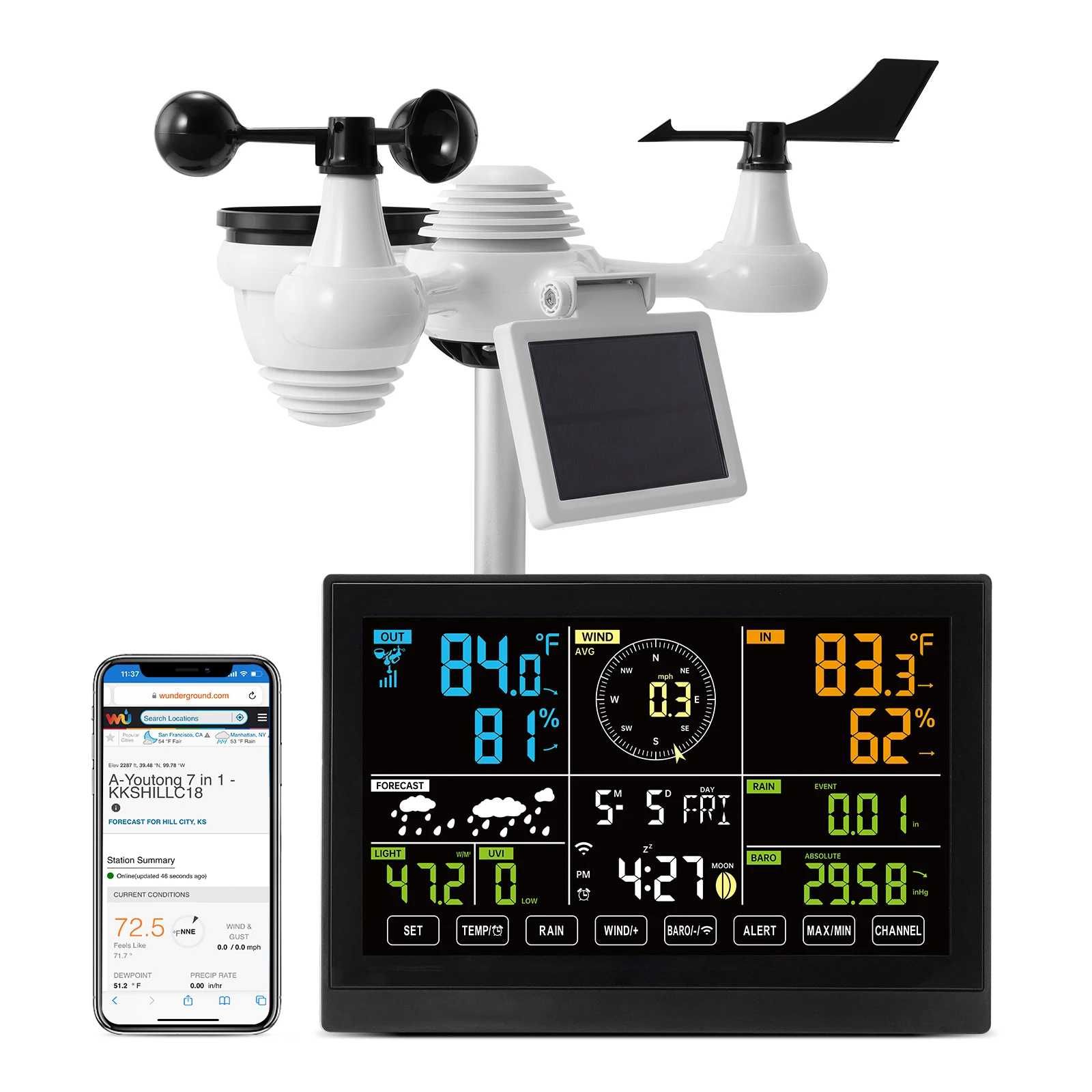 SucceBuy 7-in-1 Wi-Fi Weather Station 7.5 in Color Display + Solar Wireless…