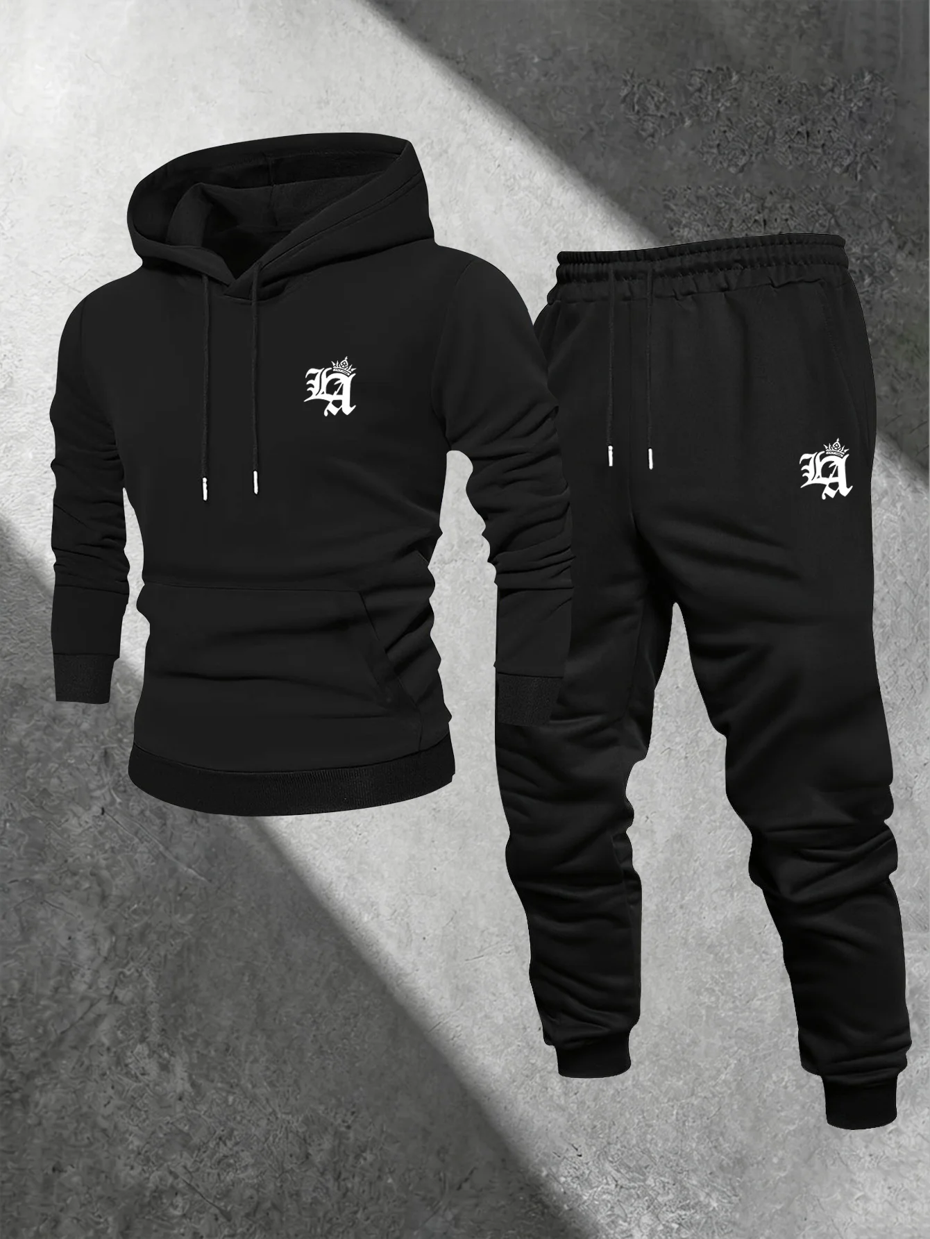 Fashion LA Crown Gothic Letter Print Men Tracksuit 2Pcs Hooded Sweatshirt…
