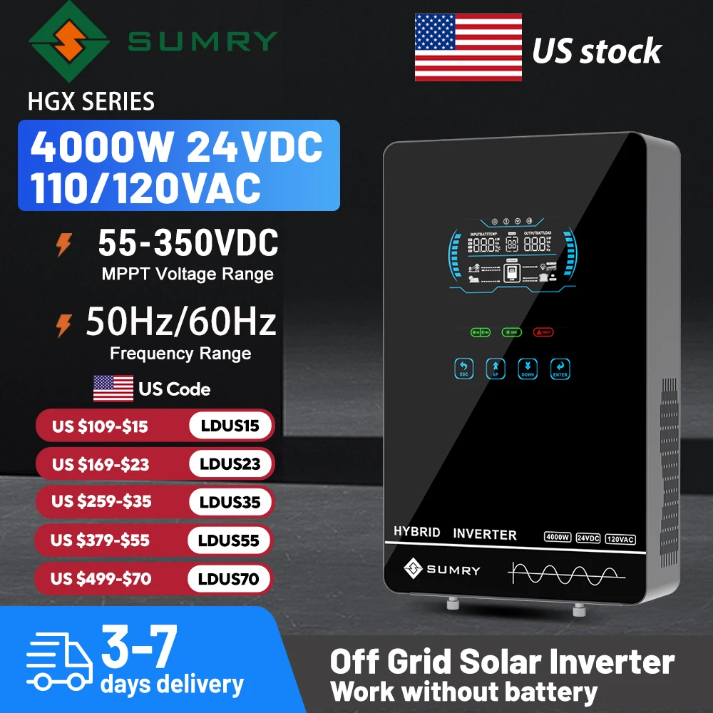 SUMRY Hybrid Solar Inverter 4000W 24V 140A Over-load Protection Pure Sine…