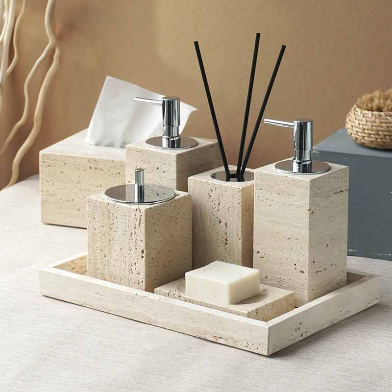 Beige Travertine Bathroom Accessories Set Natural Marble Soap Dispenser Soap…
