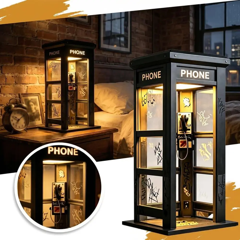 Retro Graffiti Phone Booth Table Lamp Mini London Telephone Box LED…