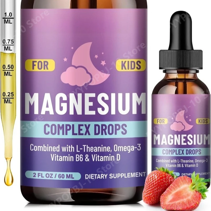 Kids Magnesium Glycinate Liquid Drops with L-theanine Omega-3 Vitamin B6 D3…