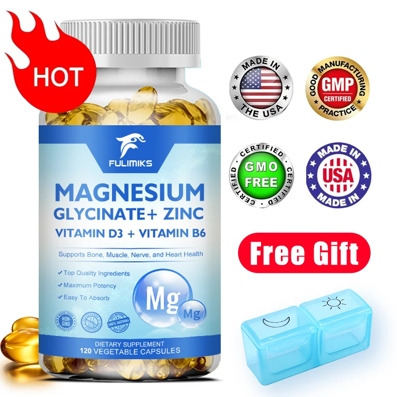 Magnesium Glycinate + Zinc Supplement Capsules, High Absorption, Support…