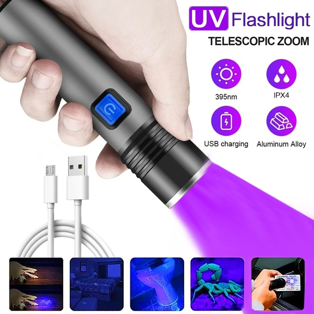USB Rechargeable 365nm UV Flashlight Aluminum Portable Ultraviolet Light…