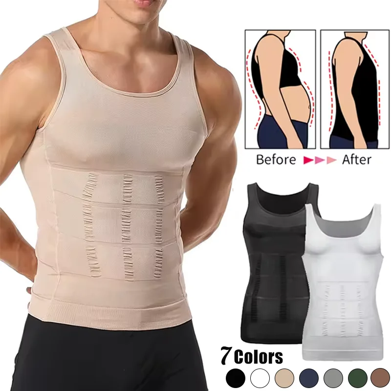 Mens Slimming Body Shaper Vest Shirt Abs Abdomen Slim Gym Workout Tummy…