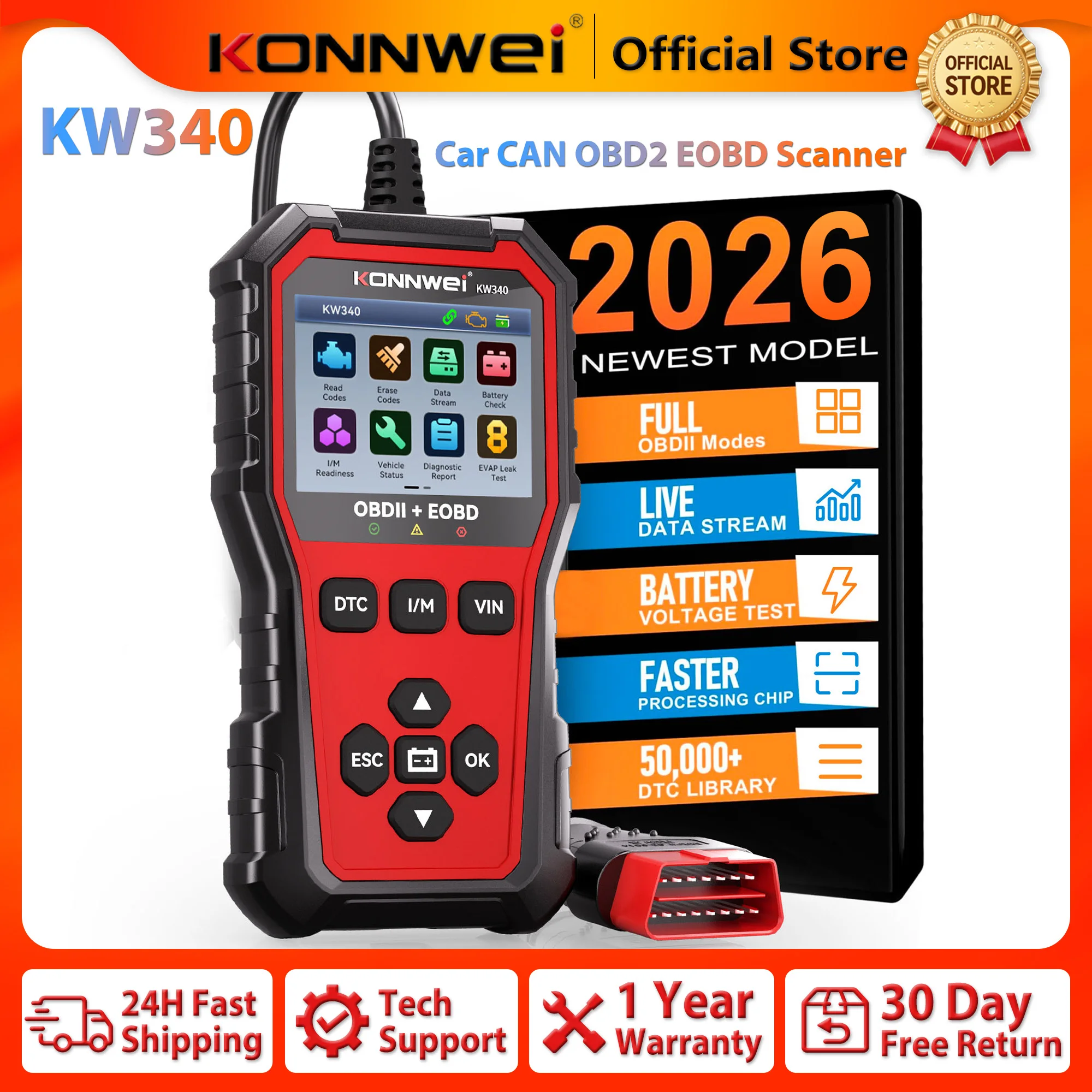 2026 KONNWEI KW340 Car can OBD2 EOBD Scanner Diagnostic Tool Engine & Battery…