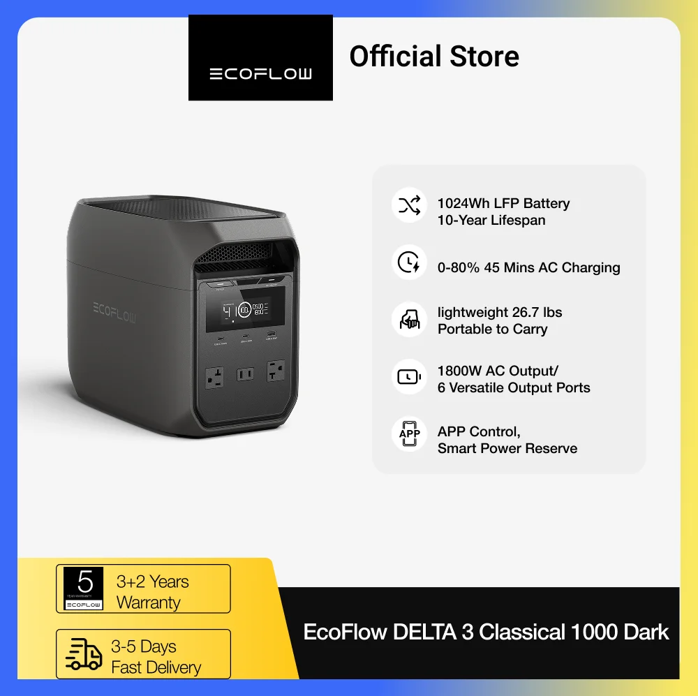 ECOFLOW Solar Generator DELTA 3 Classical Dark 1000, 1024Wh LiFePO4 Battery…