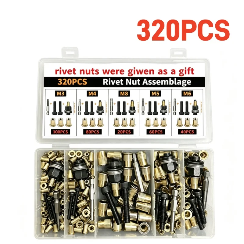 60/320PCS Head Rivet Nut Tool M3-M8 Rivnut Kit Carbon Steel Rivnut Set…