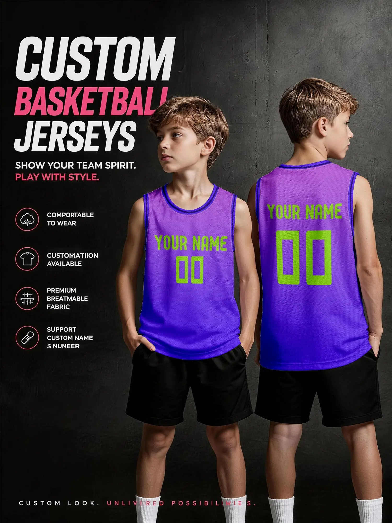 Purple Custom Basketball Jersey with Purple Trim, Print Name & Number…