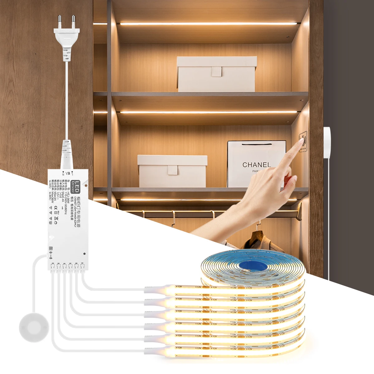Dimmable LED Cabinet Light COB Strip Kitchen Shelf Pantry Showcase Bedroom…