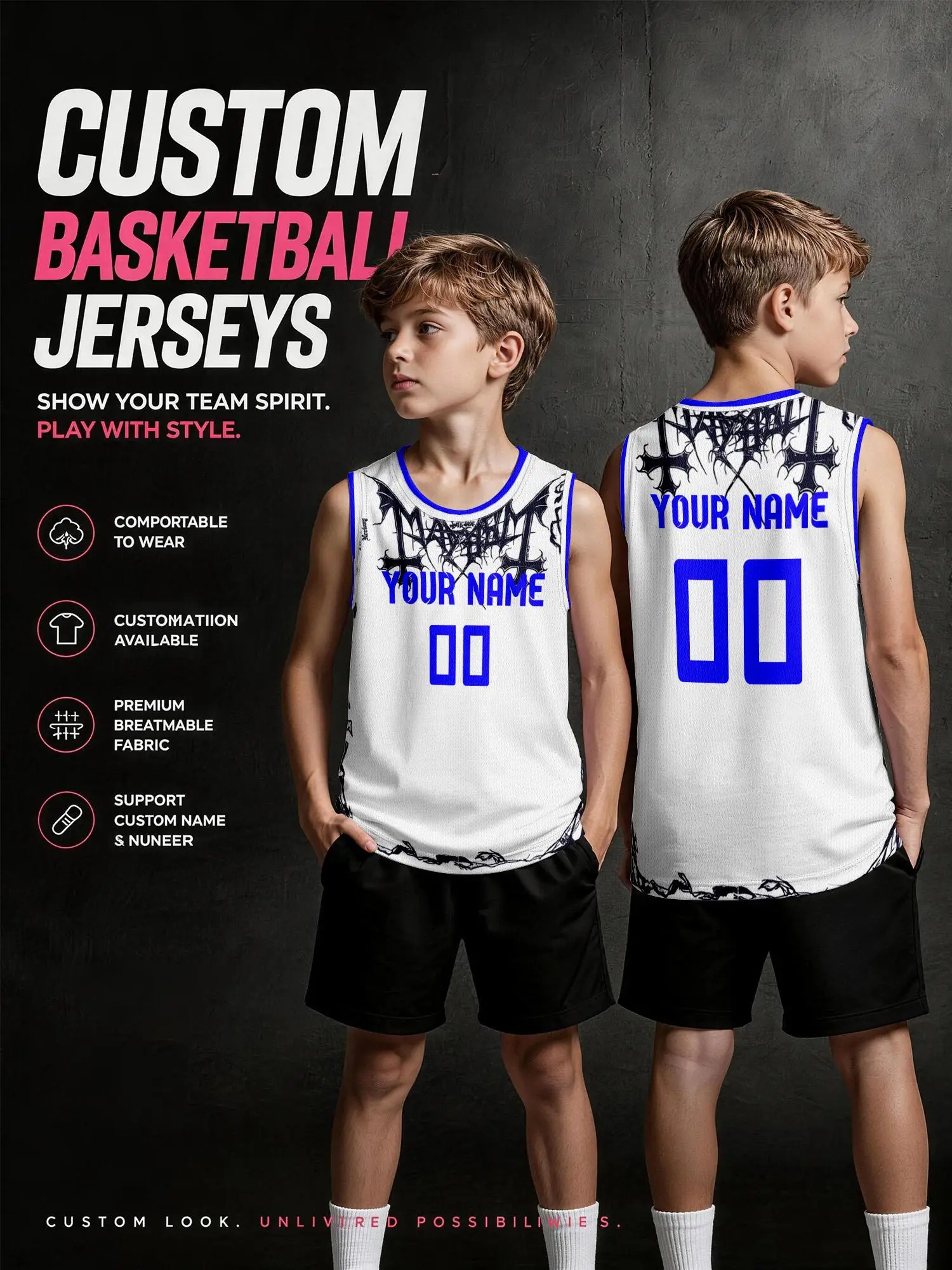 White Gothic Cross Print Custom Basketball Jersey, DIY Name & Number…