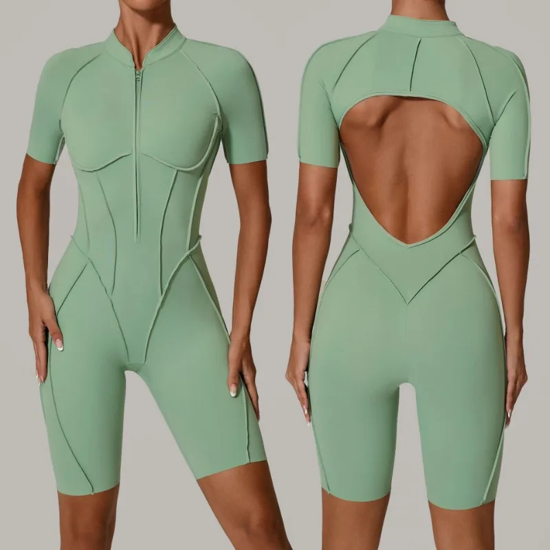 Women's Seamless Zipper Jumpsuit Fitness Set Open Back Bodysuits High Elastic…