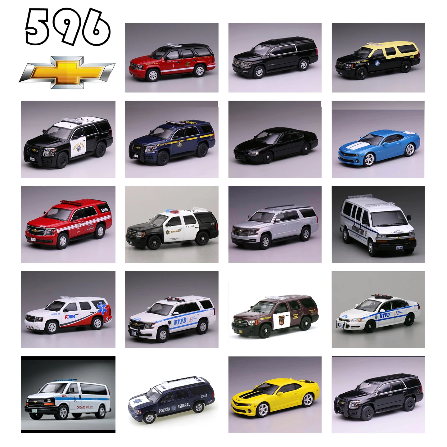 596 1/64 Chevrolet Impala River Fire Department Yukon Caimaro NYPD Car Alloy…