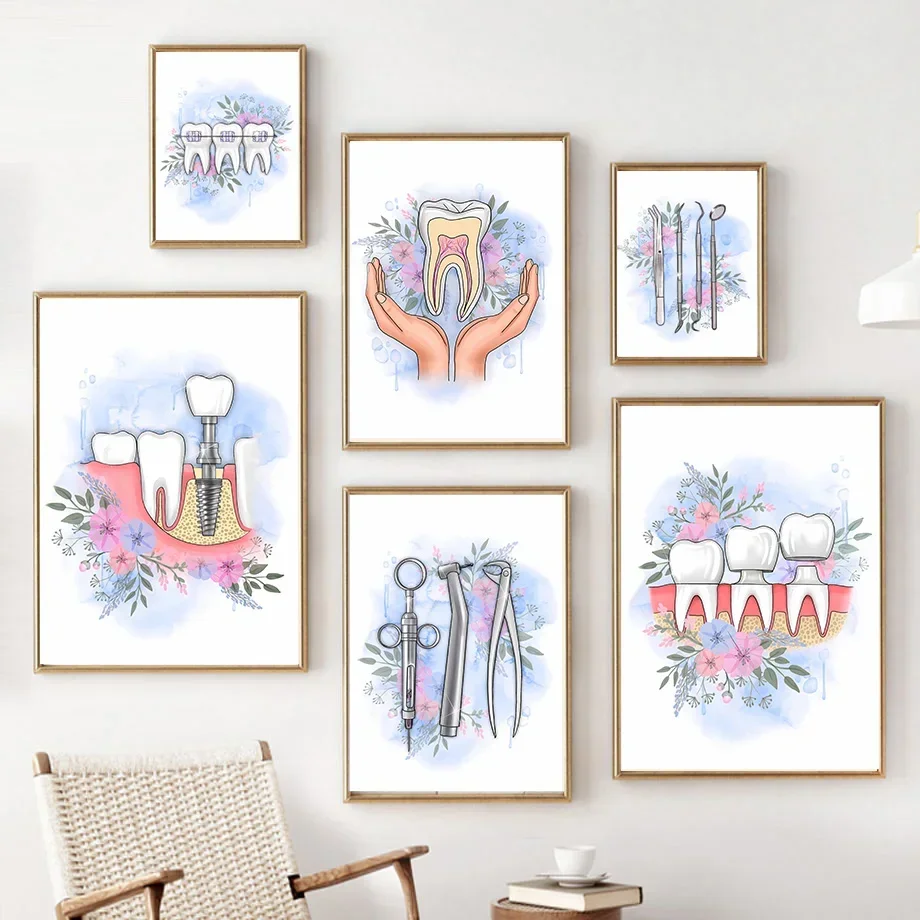 1pc Frameless Canvas Painting Watercolor Tooth Anatomy Floral Caduceus…
