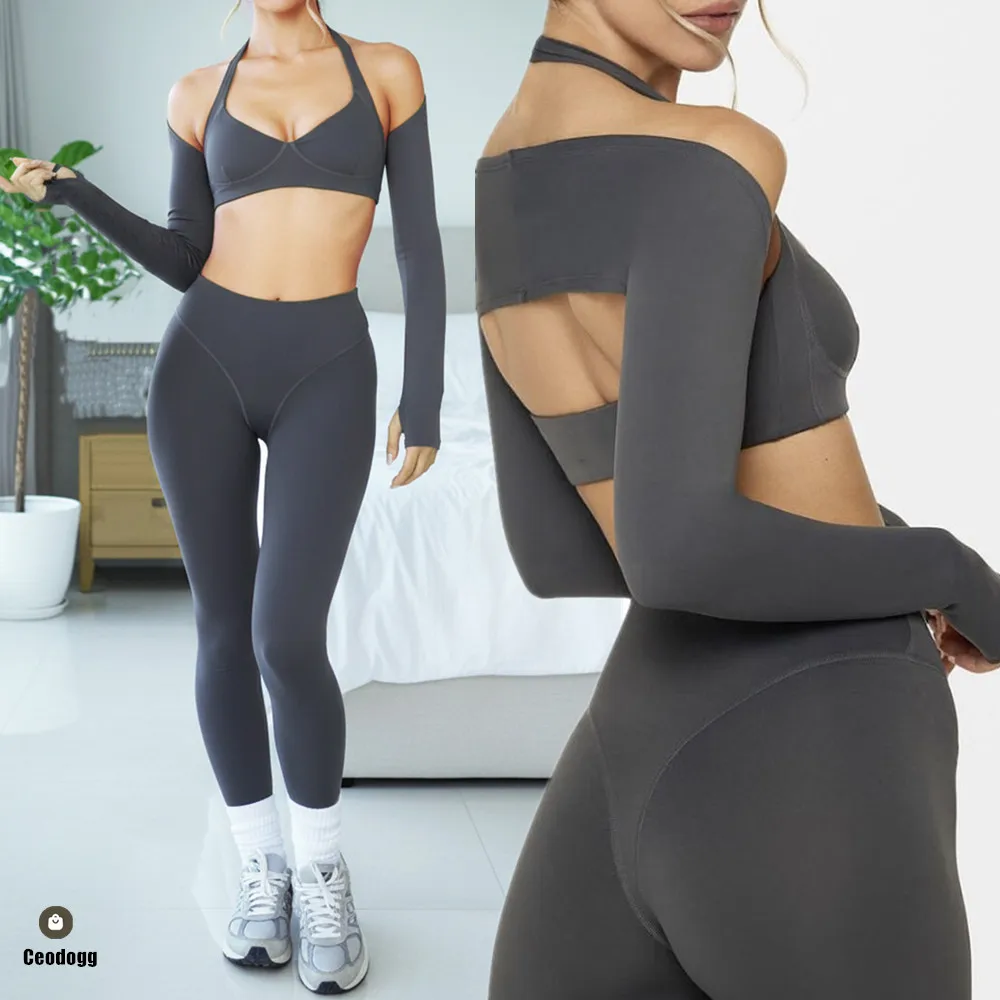2/3PCS Nude Gym Yoga Set Women Sports Bra Shrug Leggings Crossover Seamless…