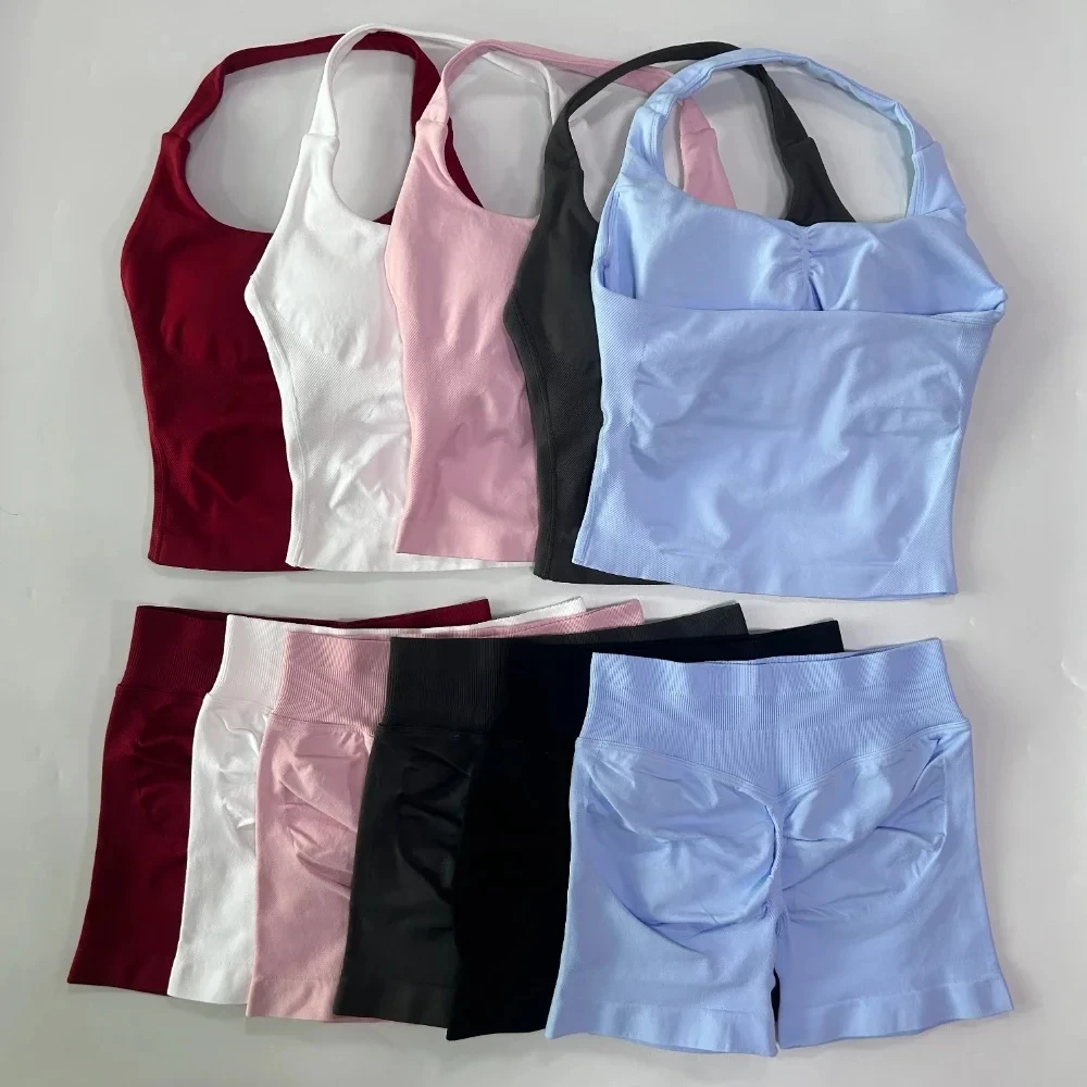 Women Impact Gym Set Tie Back Halter Top High Waist Yoga Shorts Breathable…