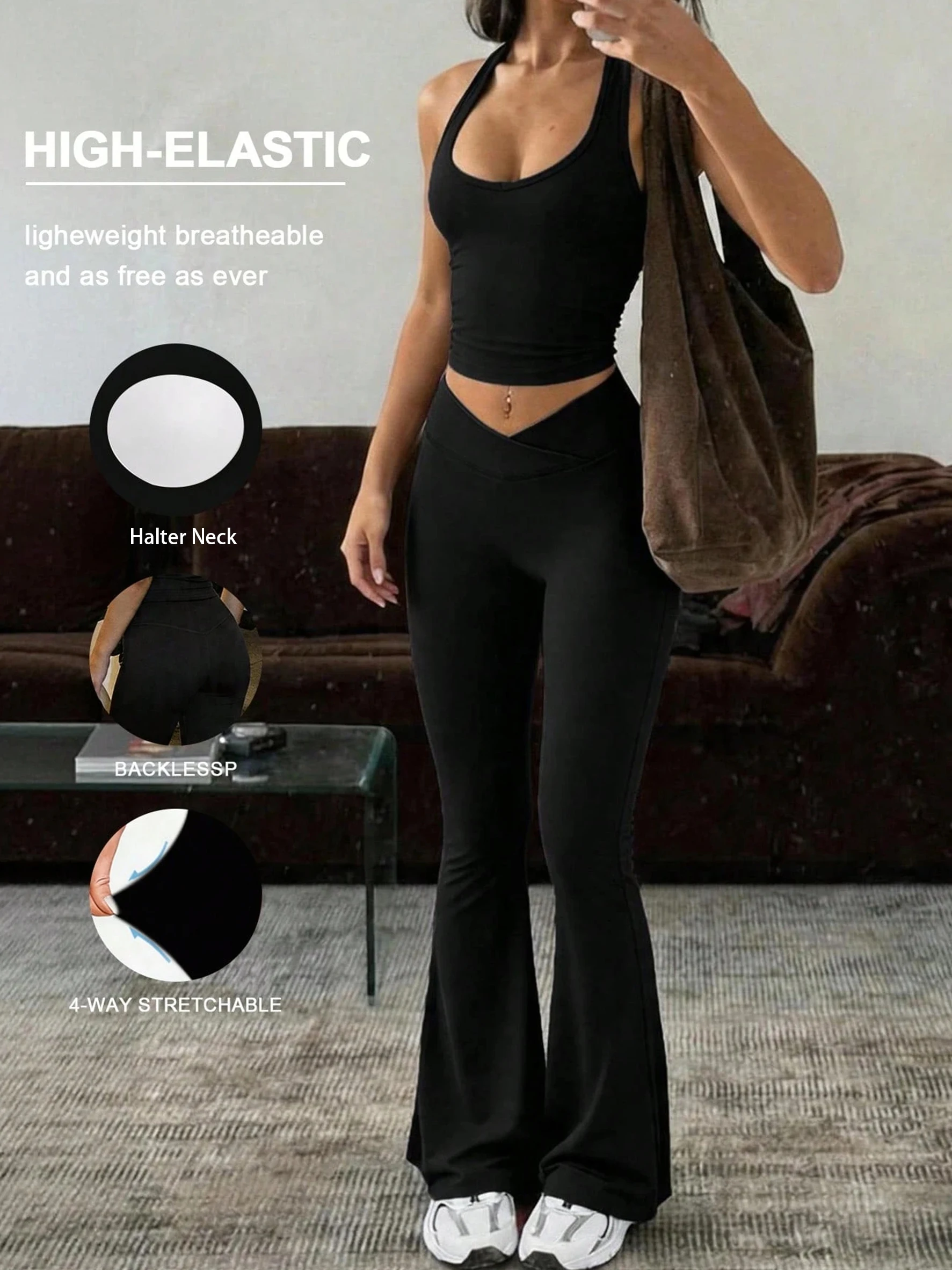 Women Halter Backless Crop Tank Top High Waist V Cut Flare Leg Pants Set…