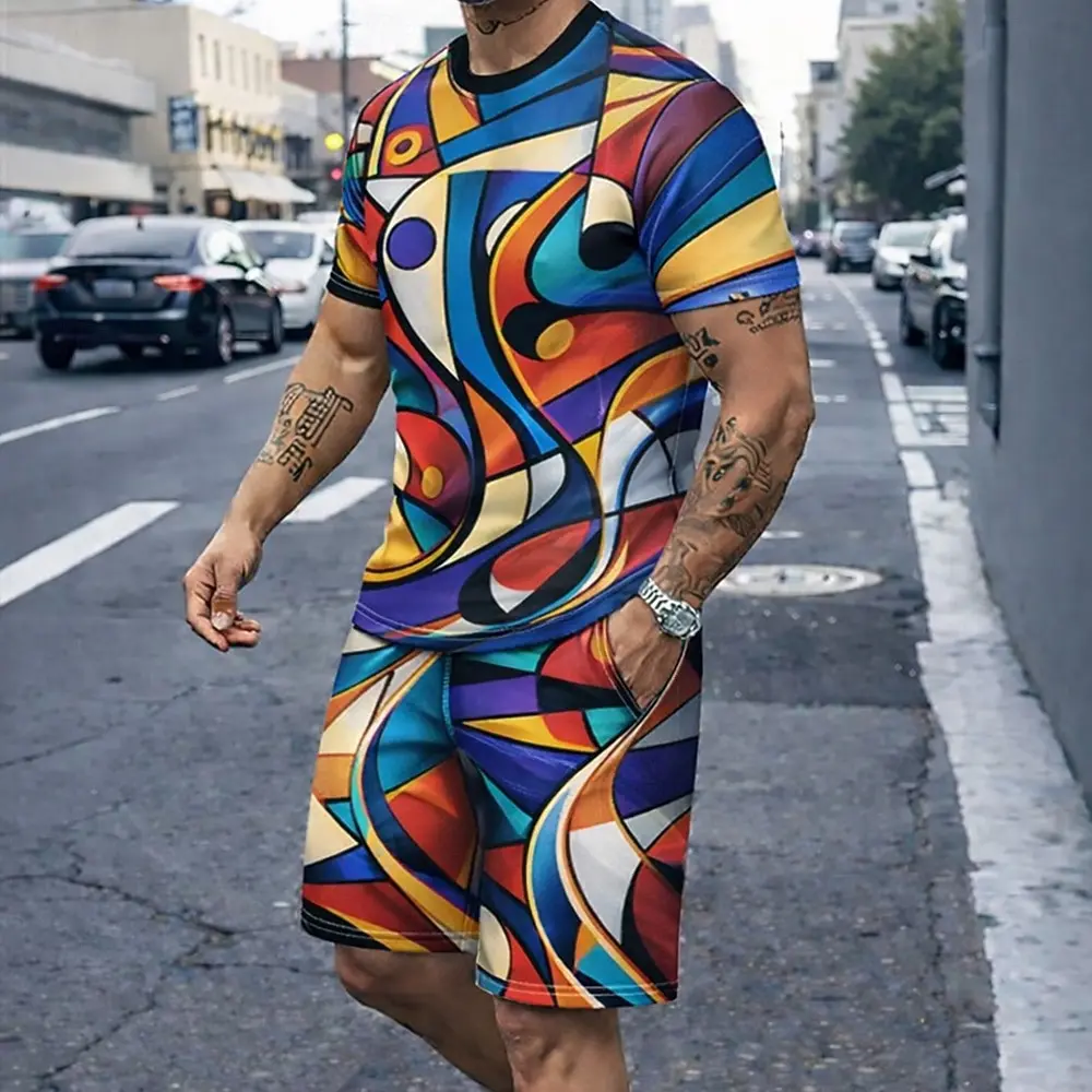 Men's 2pcs Tees Sets Summer Tops Short Sleeve Short Pants Crew Neck Sport…