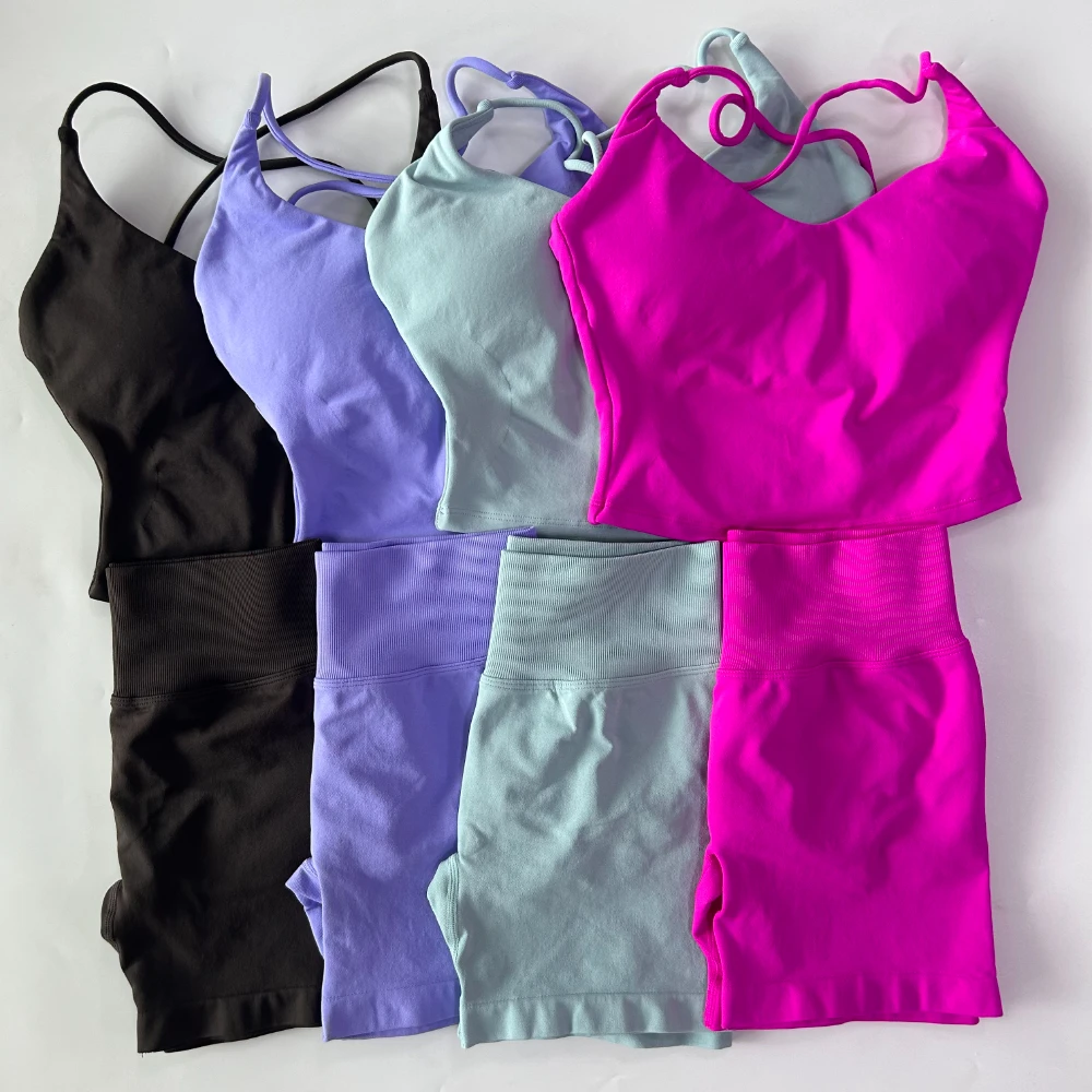 2 Pieces Gym Set Women Seamless Backless Strappy Top High Waist Yoga Shorts…