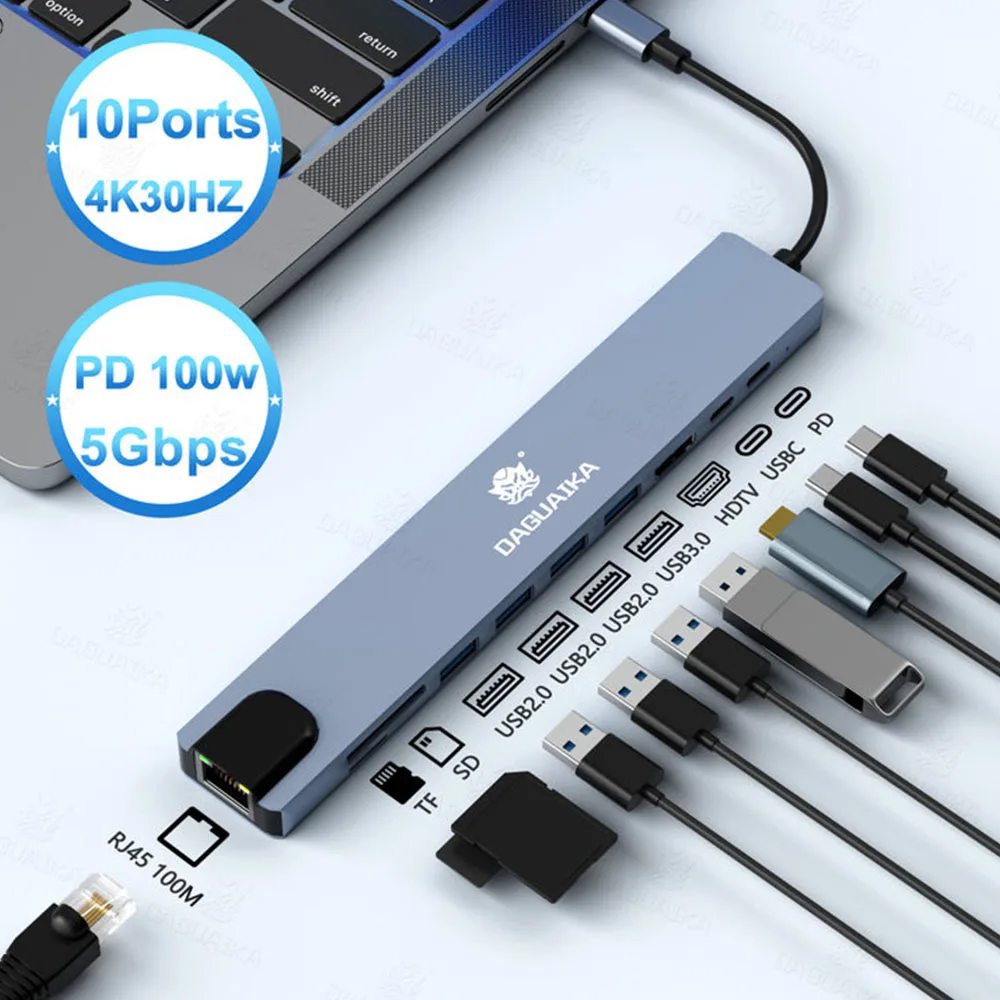 10 in 1 USB C HUB 4K30Hz Docking Station Type C to HDTV-Compatible RJ45…