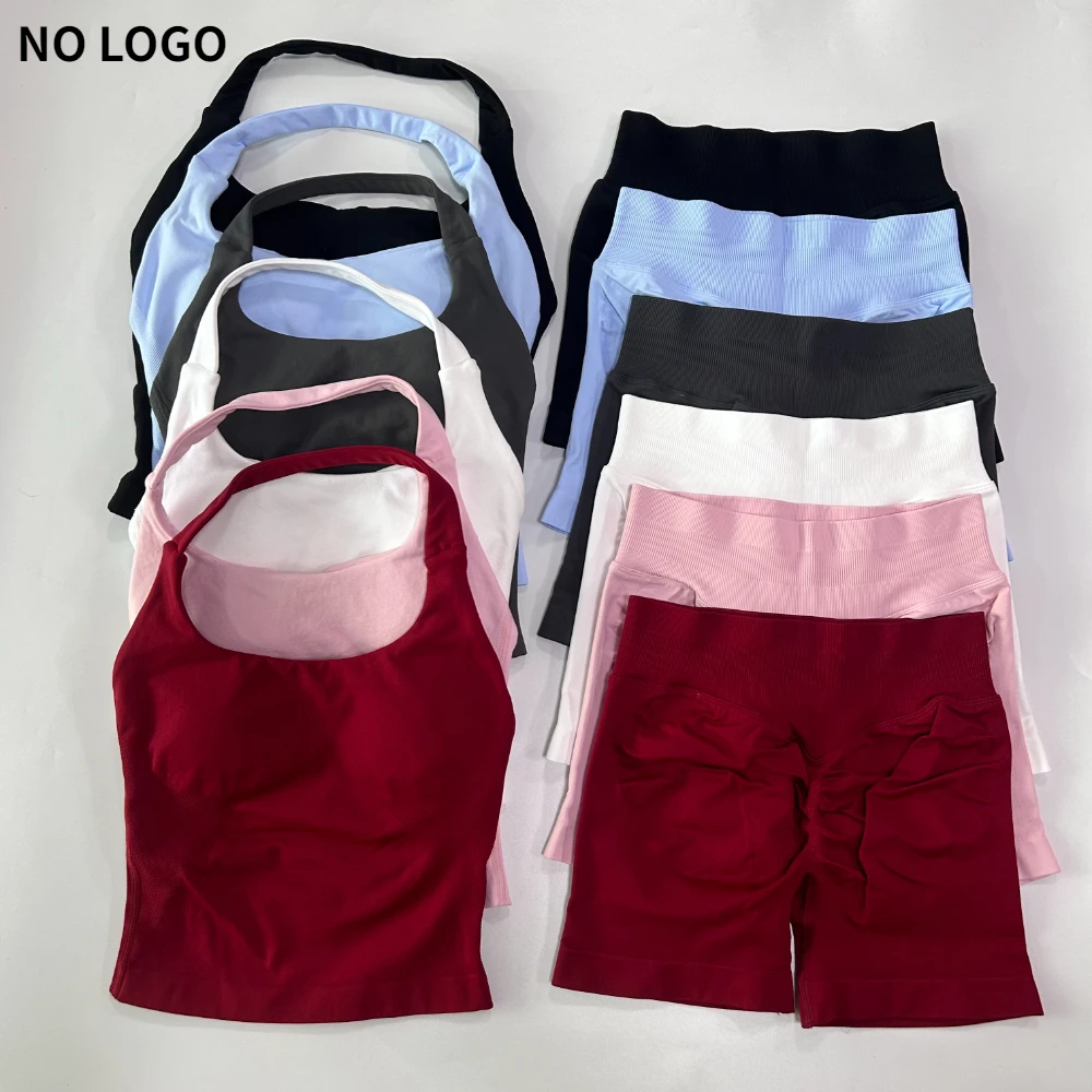 no Logo 2 Pieces Gym Set Women Backless Halter Tops High Waist Seamless…