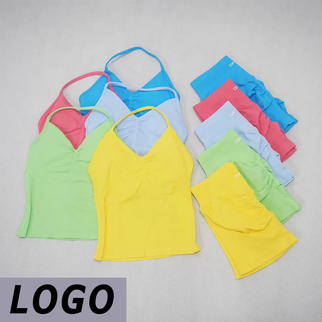 DF-logo Women Backless Seamless Workout Set Yoga Vest High Waist Shorts…