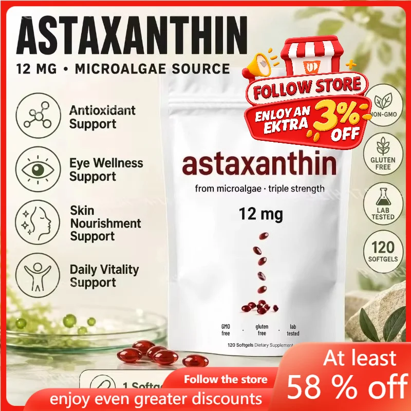 Astaxanthin 12 Mg Gelatin Softgels from Microalgae, Antioxidant Support…