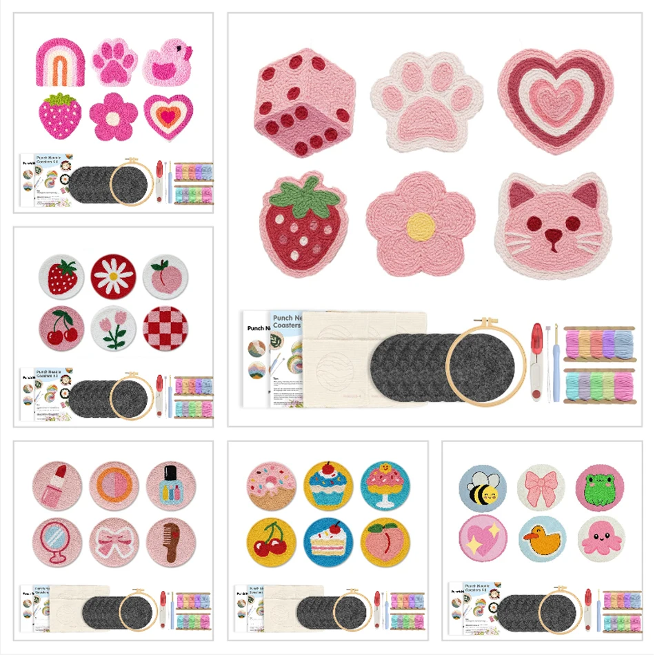 GATYZTORY 6ps Pink-Themed Punch Needle Coasters Kit Punch Needle Embroidery…