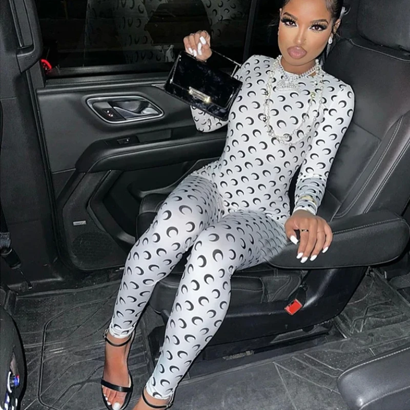Retro Jumpsuit Women Sexy Slim Fit Moon Print Long Sleeve Tight Leggings…