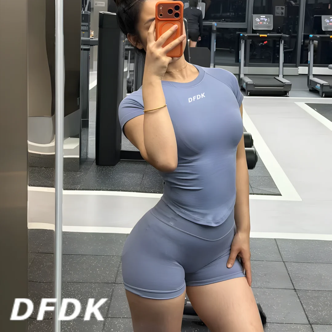 DFWomen 2Pcs Seamless Yoga Set Short Sleeve Top High Waist Shorts High…