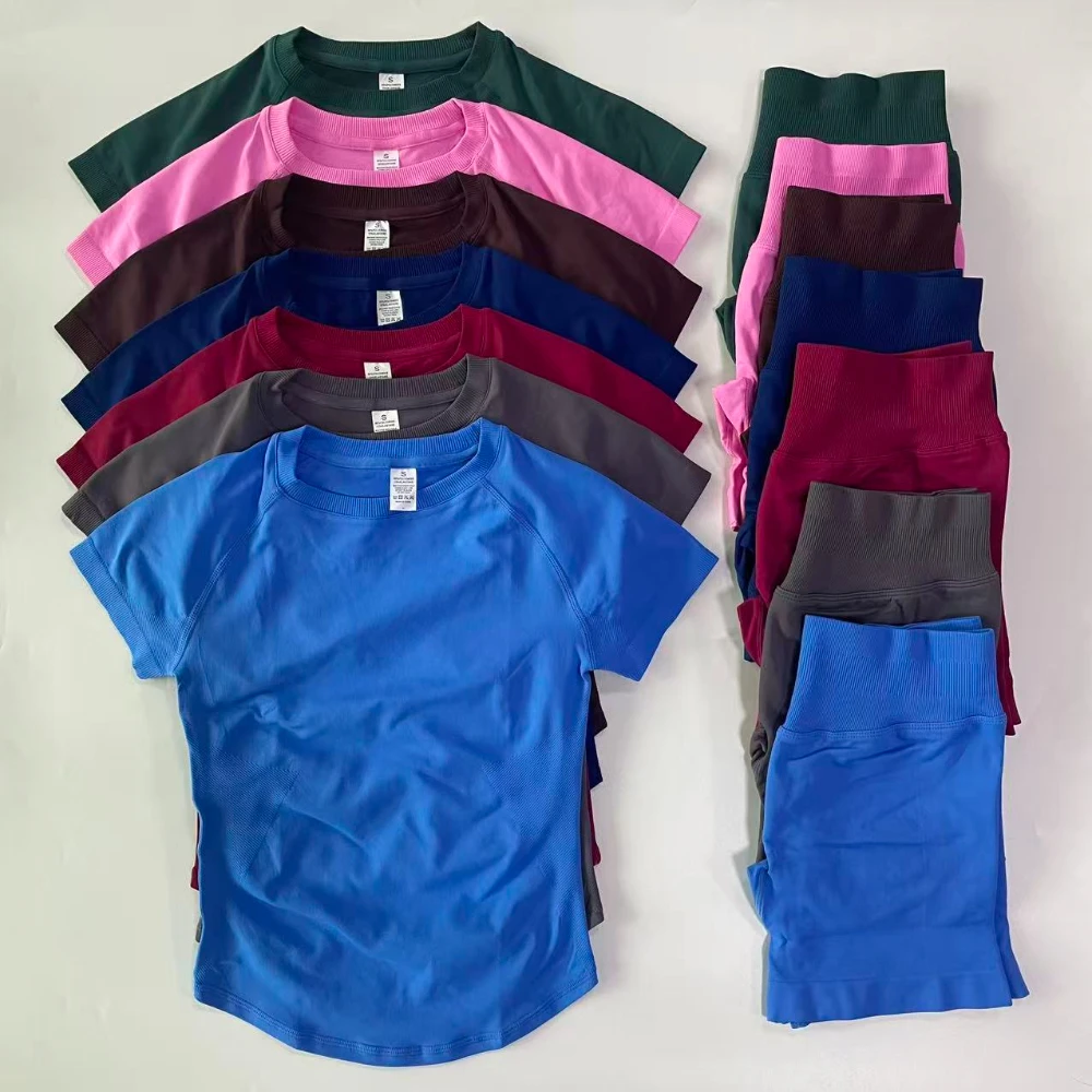 2 Piece Sets Women Outfit Longline Short Sleeve Gym Crop Top High Waist…