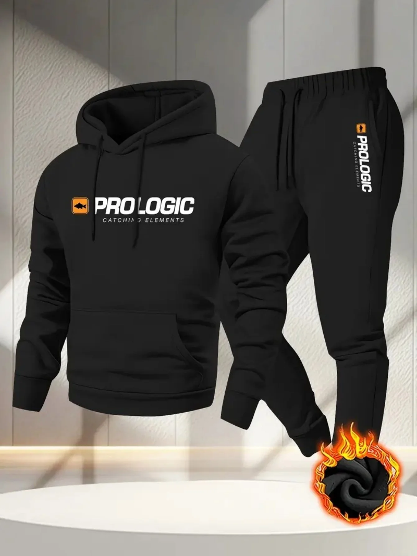 Men Printed Fleece Lined Hoodie & Long Jogger Pants 2‑Piece Set Essential…