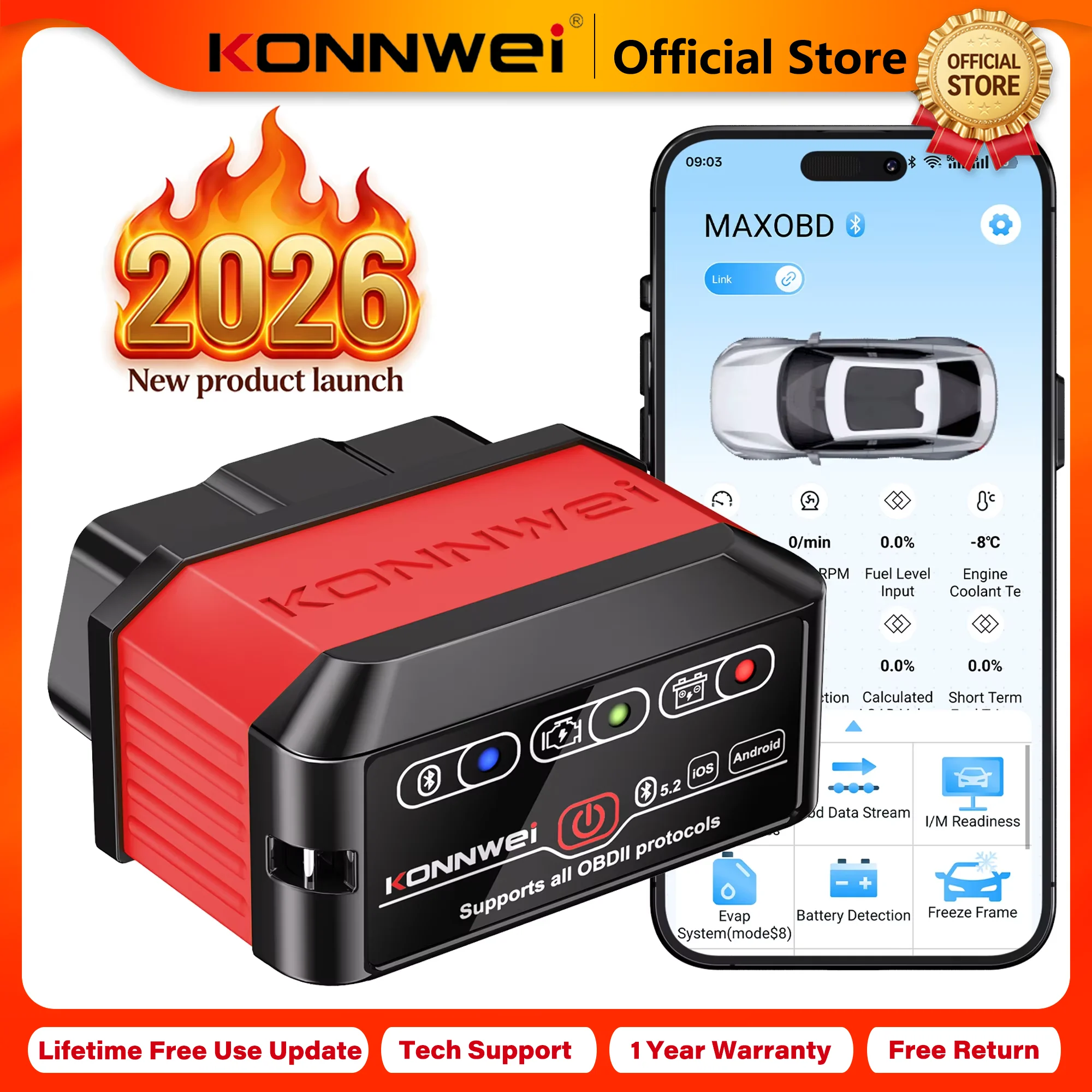2026 KONNWEI KW905 Professional Car ELM327 OBD2 Scanner Bluetooth 5.0 for…