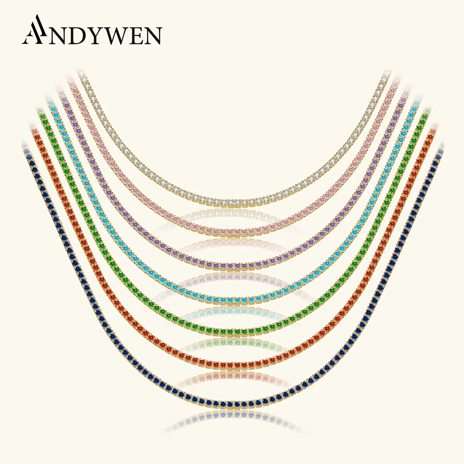 ANDYWEN 925 Sterling Silver 1.5mm Tennis Zircon Charm Long Chain Necklace…