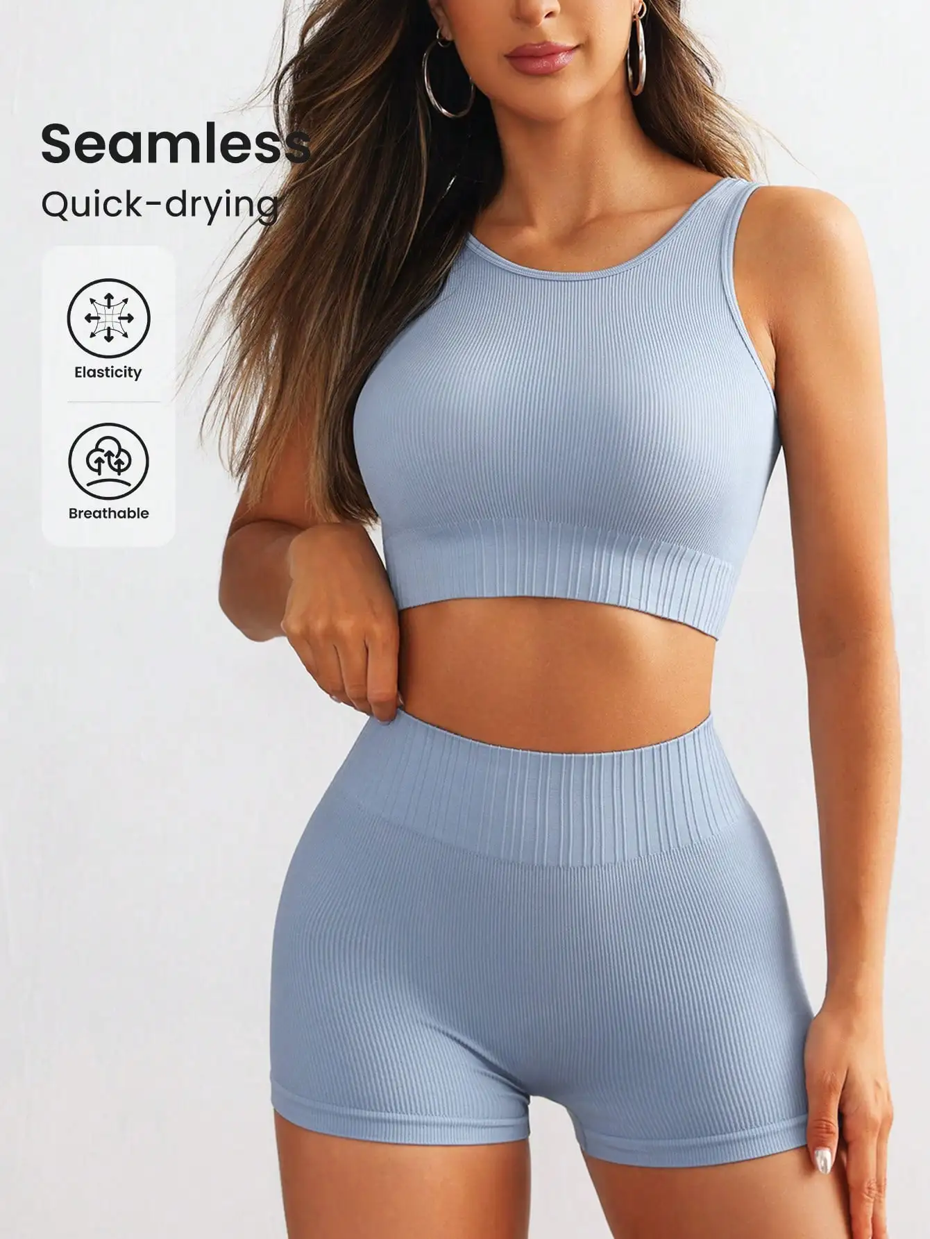 Women Seamless Ribbed Yoga Set Sleeveless Round Neck Crop Tank Top High Waist…