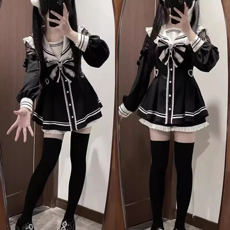 Jirai Kei Sailor Black Dress Lace Patchwork Slim Fit Dresses Japanese Sweet…