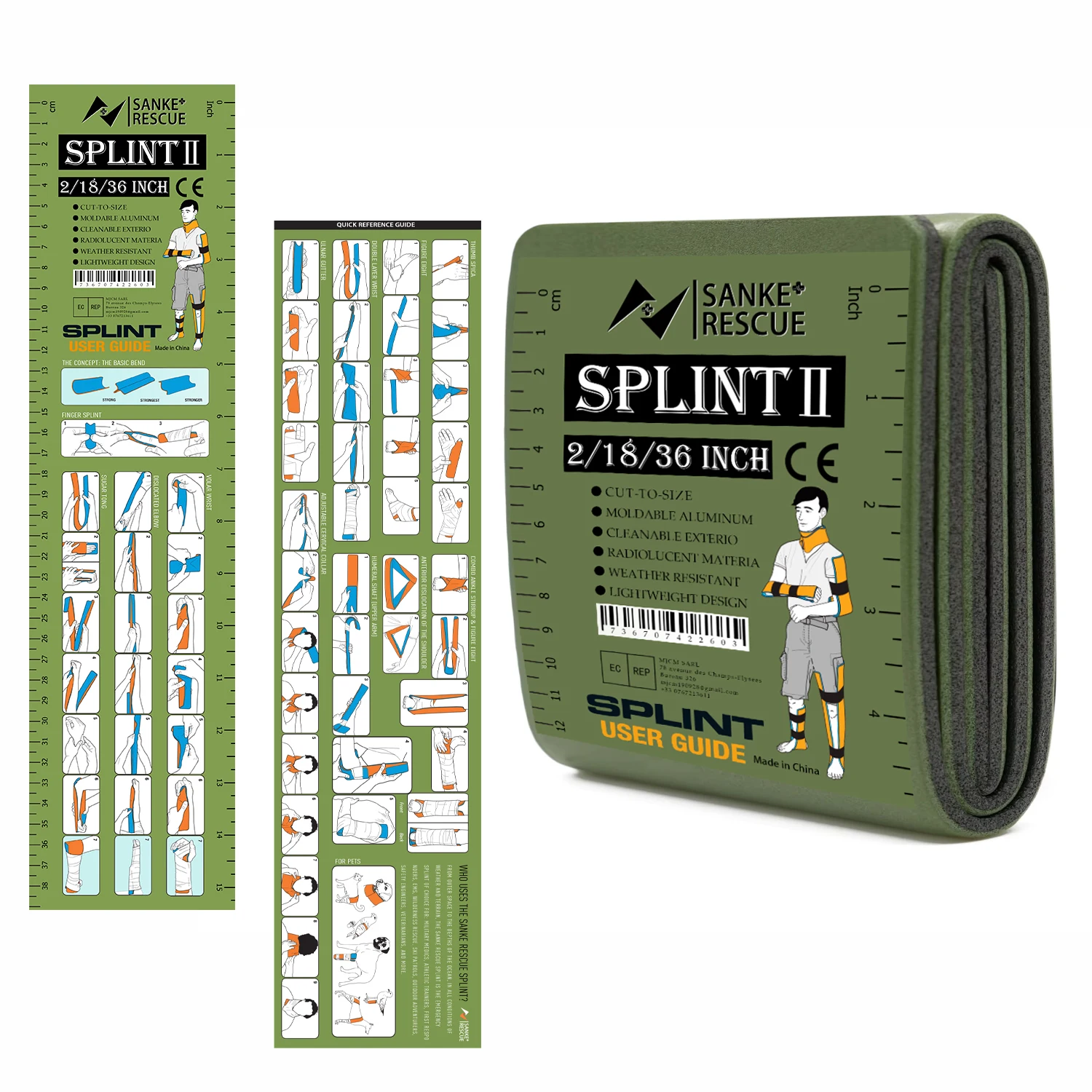 First Aid Splint 18-36" X 4.3" Green-Gray Orange-Blue Keep Bones in Position