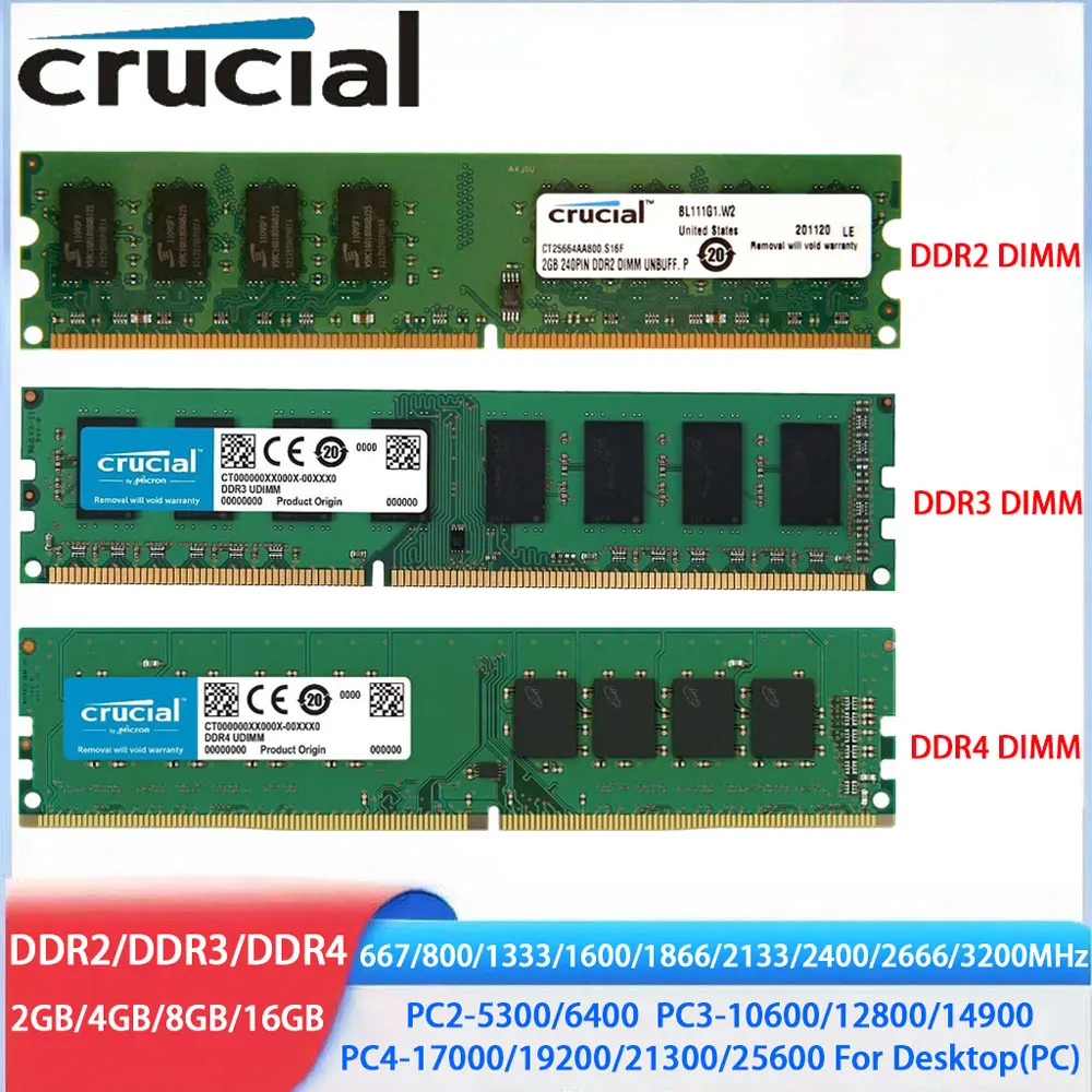 Crucial Memoria DDR4 DDR3 DDR2 2GB 4GB 8GB 16GB 32GB 3200MHz 2666 2133 2400…