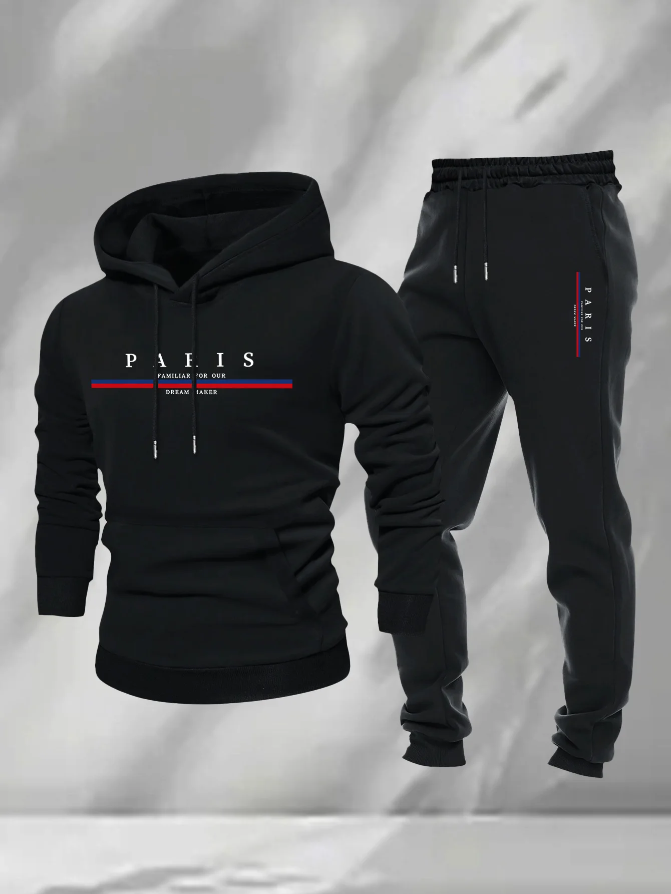 Men 2Pcs Paris Letter Red Blue Stripe Hoodie Sweatpants Set Polyester Loose…