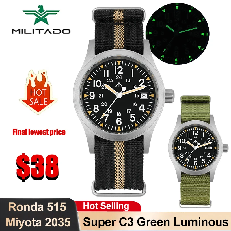 Militado ML05 38mm Quartz Watch Miyota 2035/Ronda 515 Movement Watches Domed…